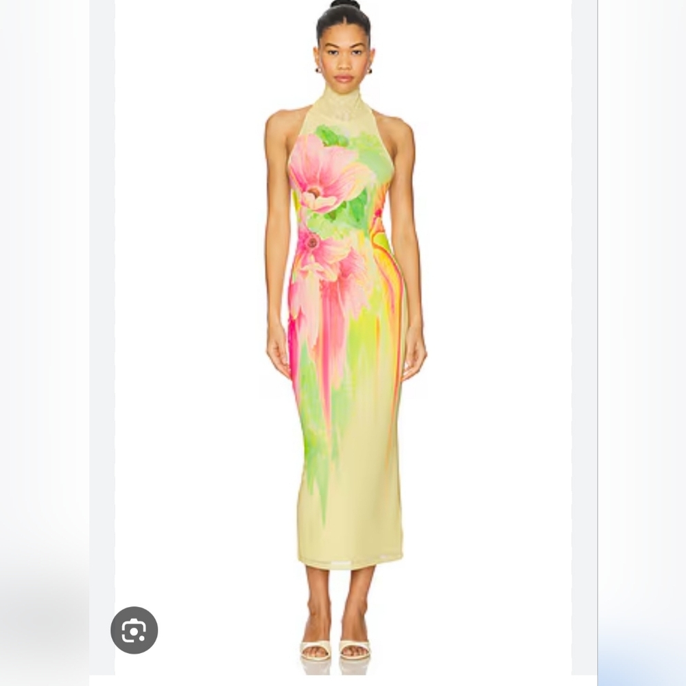 AFRM Halter Maxi Dress in Pastel Yellow and Pink Floral